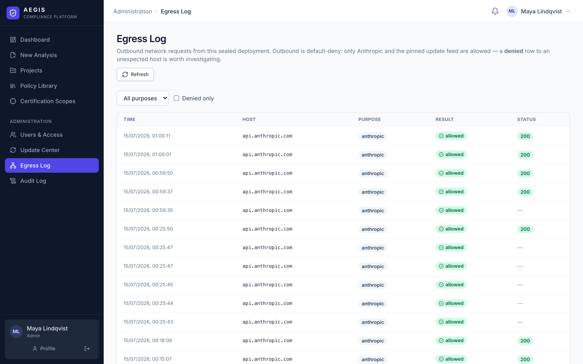 Aegis egress log listing every outbound request to api.anthropic.com with allowed status
