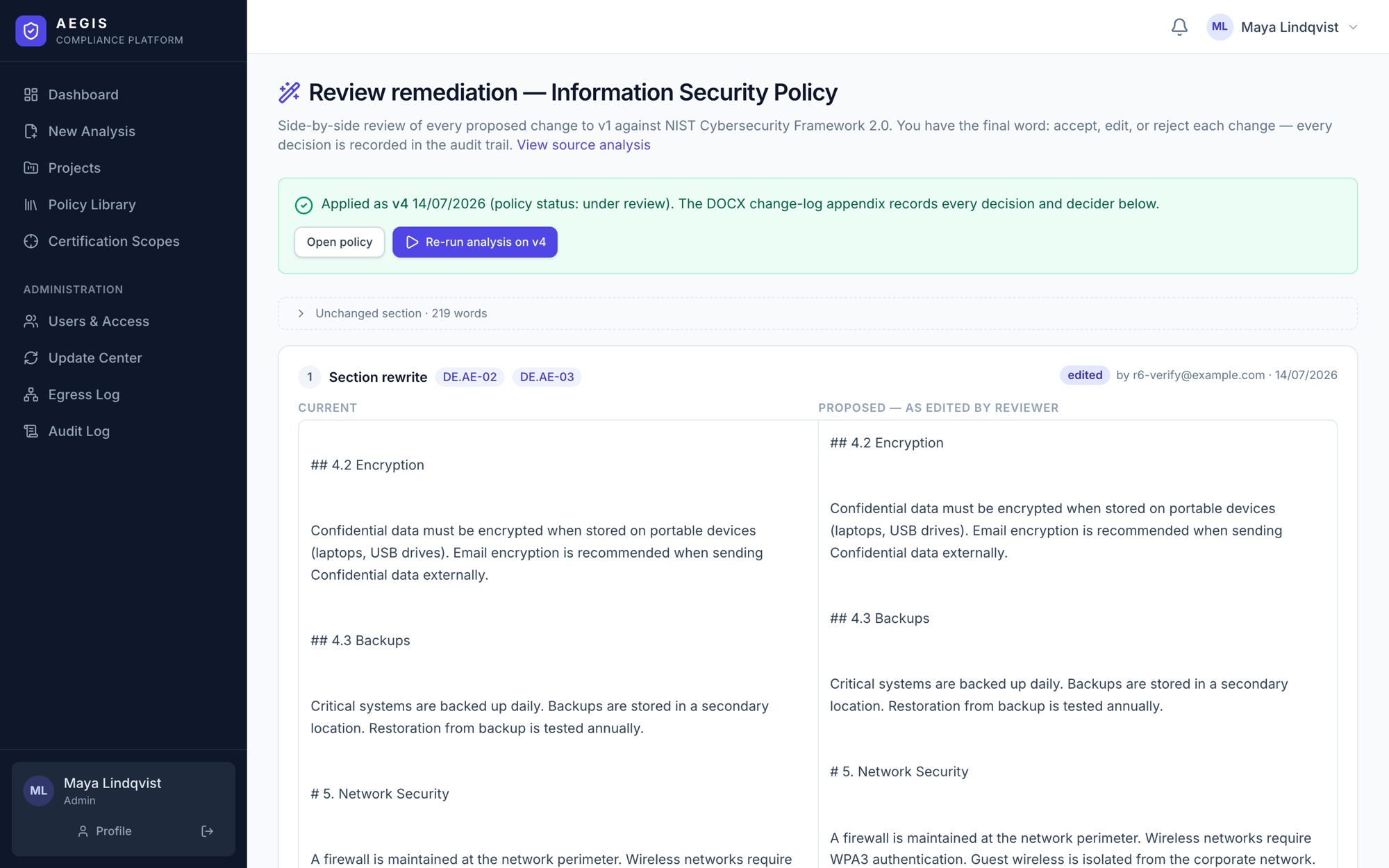 Aegis remediation review with side-by-side current and proposed policy text and per-change decisions